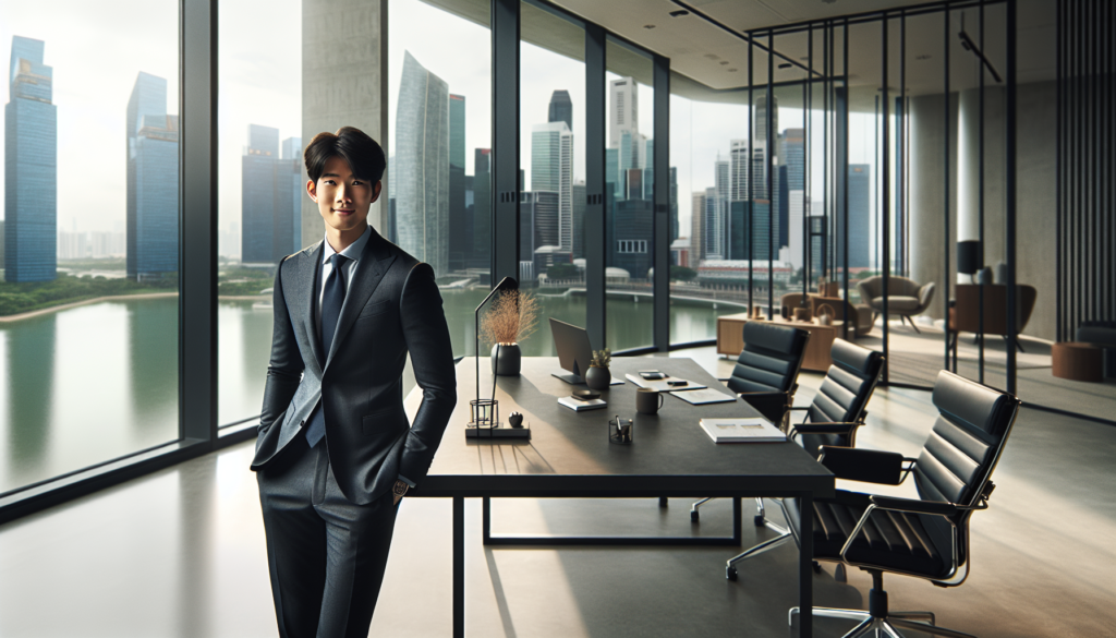 Create a high-quality image of a young Singaporean CEO in a modern office setting in downtown Singapore. The CEO is a confident, professional-looking Singaporean male in a tailored suit, standing by a sleek glass window with a view of the city skyline. The office should feature contemporary décor, including a stylish desk, ergonomic chair, and minimalist artwork on the walls. The lighting should be bright and natural, coming from the large windows, with subtle reflections on the glass surfaces. For the image quality, emulate a photograph taken by a Canon EOS R5 camera with a Canon RF 24-70mm f/2.8L IS USM lens. Use an aperture of f/4 to achieve a sharp focus on the subject while slightly softening the background, an ISO of 100 to ensure clarity, and a shutter speed of 1/125 sec to capture the details crisply. The overall composition should convey a sense of professionalism and modernity, suitable for marketing and promotional materials.